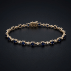 Classic Yellow Gold Round Cut Blue & White Sapphire Link Tennis Bracelet For Women