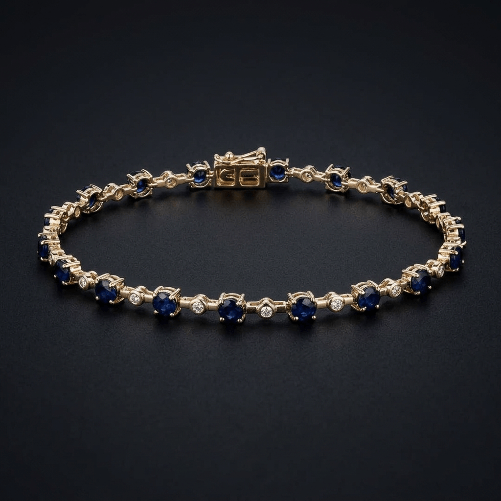 Classic Yellow Gold Round Cut Blue & White Sapphire Link Tennis Bracelet For Women