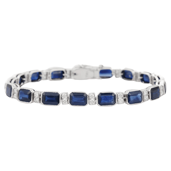 Classic Bezel Emerald Cut Blue & White Sapphire Tennis Bracelet For Women