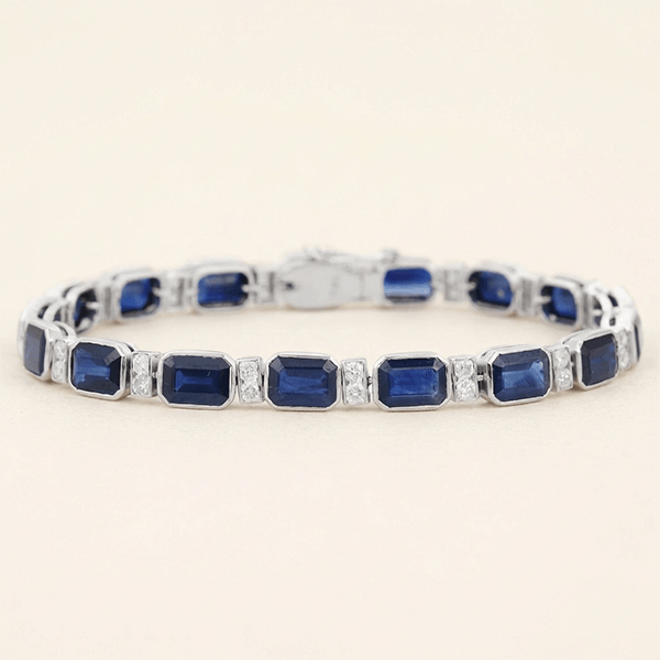 Classic Bezel Emerald Cut Blue & White Sapphire Tennis Bracelet For Women