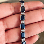 Classic Bezel Emerald Cut Blue & White Sapphire Tennis Bracelet For Women