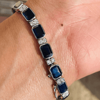 Classic Bezel Emerald Cut Blue & White Sapphire Tennis Bracelet For Women