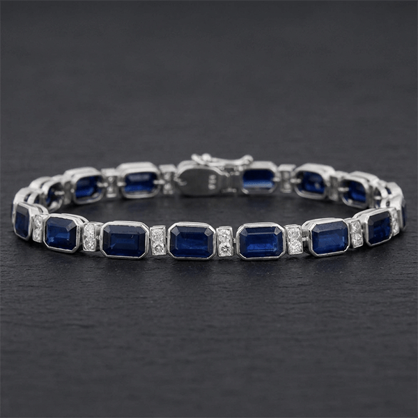 Classic Bezel Emerald Cut Blue & White Sapphire Tennis Bracelet For Women