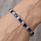 Classic Bezel Emerald Cut Blue & White Sapphire Tennis Bracelet For Women