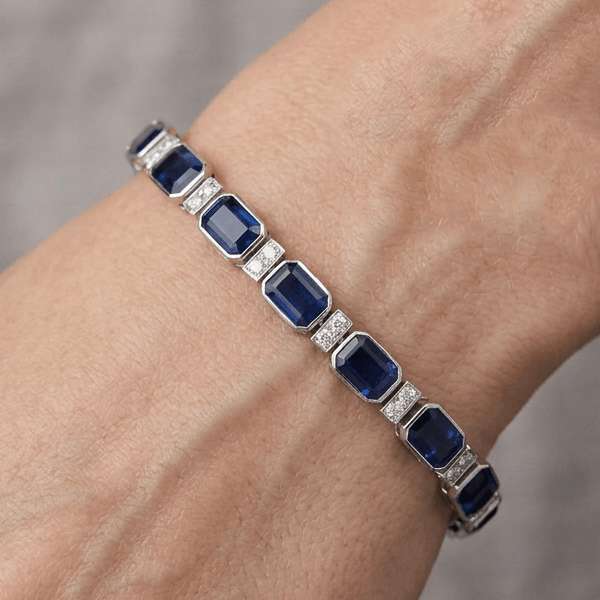 Classic Bezel Emerald Cut Blue & White Sapphire Tennis Bracelet For Women