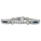 Vintage Art Deco Round & Baguette Cut White & Blue Sapphire Bracelet For Women