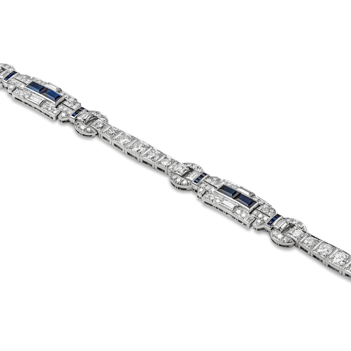 Vintage Art Deco Round & Baguette Cut White & Blue Sapphire Bracelet For Women