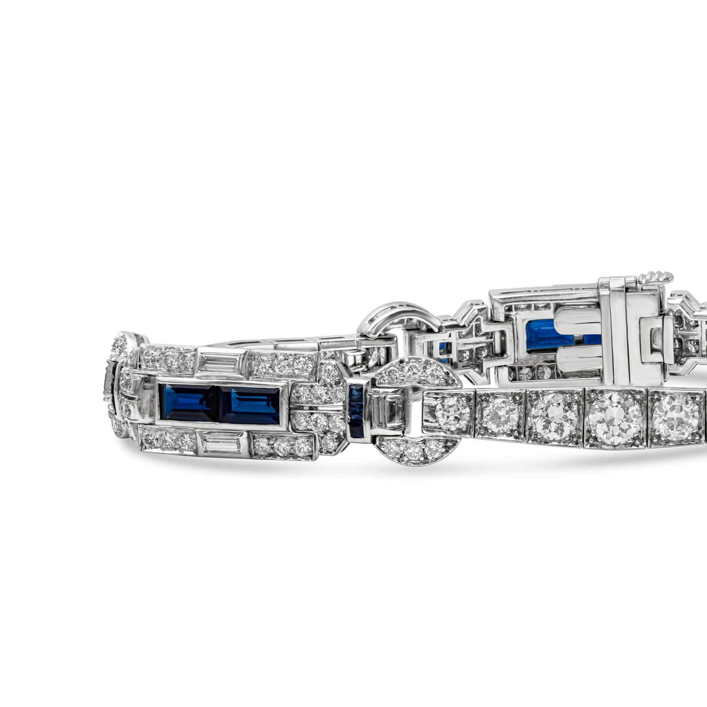 Vintage Art Deco Round & Baguette Cut White & Blue Sapphire Bracelet For Women