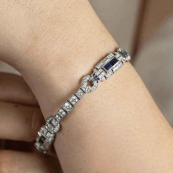 Vintage Art Deco Round & Baguette Cut White & Blue Sapphire Bracelet For Women