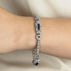 Vintage Art Deco Round & Baguette Cut White & Blue Sapphire Bracelet For Women