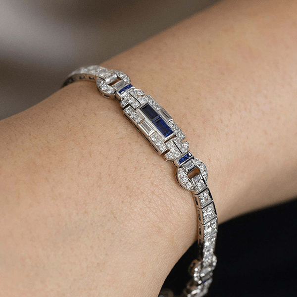 Vintage Art Deco Round & Baguette Cut White & Blue Sapphire Bracelet For Women