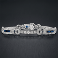 Vintage Art Deco Round & Baguette Cut White & Blue Sapphire Bracelet For Women