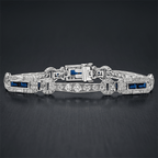 Vintage Art Deco Round & Baguette Cut White & Blue Sapphire Bracelet For Women