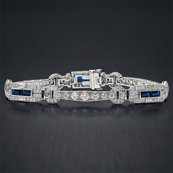 Vintage Art Deco Round & Baguette Cut White & Blue Sapphire Bracelet For Women