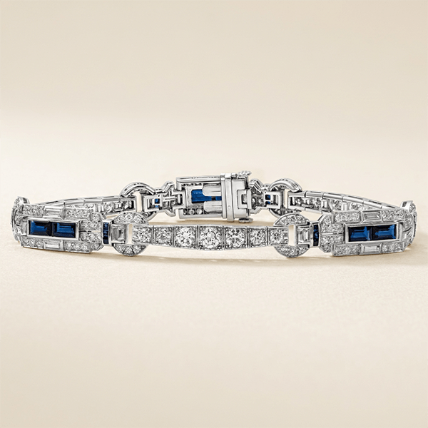 Vintage Art Deco Round & Baguette Cut White & Blue Sapphire Bracelet For Women