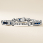Vintage Art Deco Round & Baguette Cut White & Blue Sapphire Bracelet For Women