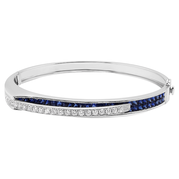 Unique Design Art Deco Round & Asscher Cut Blue & White Sapphire Bangle Bracelet For Women