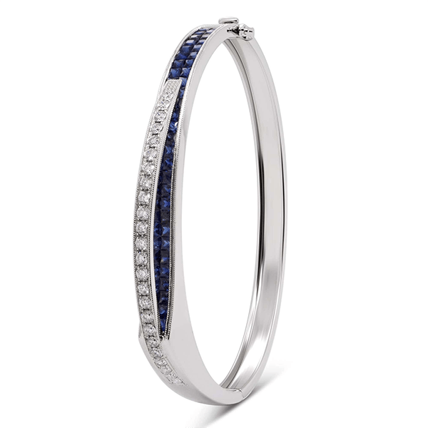 Unique Design Art Deco Round & Asscher Cut Blue & White Sapphire Bangle Bracelet For Women