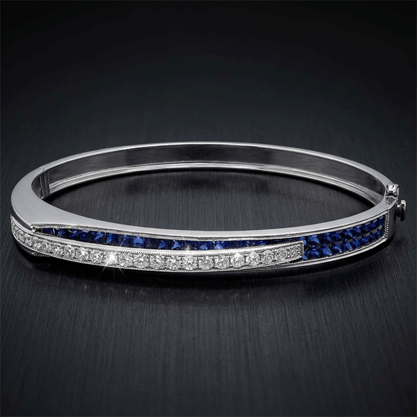 Unique Design Art Deco Round & Asscher Cut Blue & White Sapphire Bangle Bracelet For Women