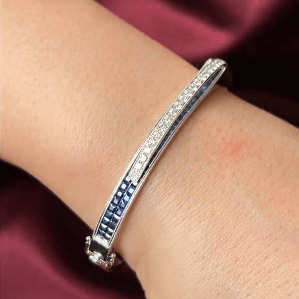 Unique Design Art Deco Round & Asscher Cut Blue & White Sapphire Bangle Bracelet For Women