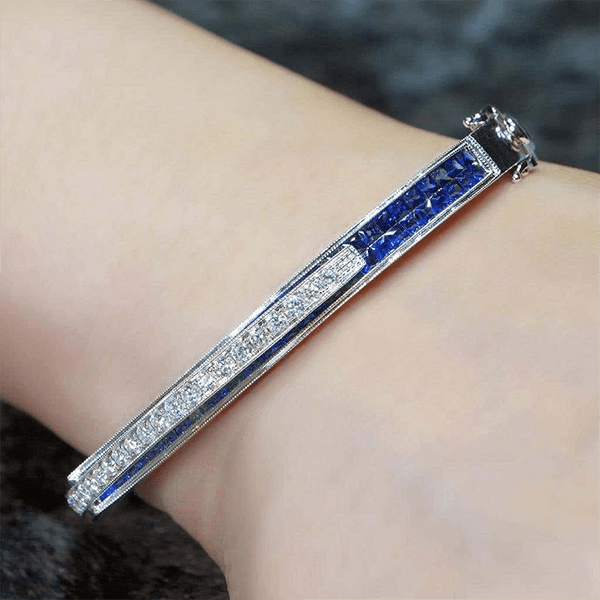 Unique Design Art Deco Round & Asscher Cut Blue & White Sapphire Bangle Bracelet For Women