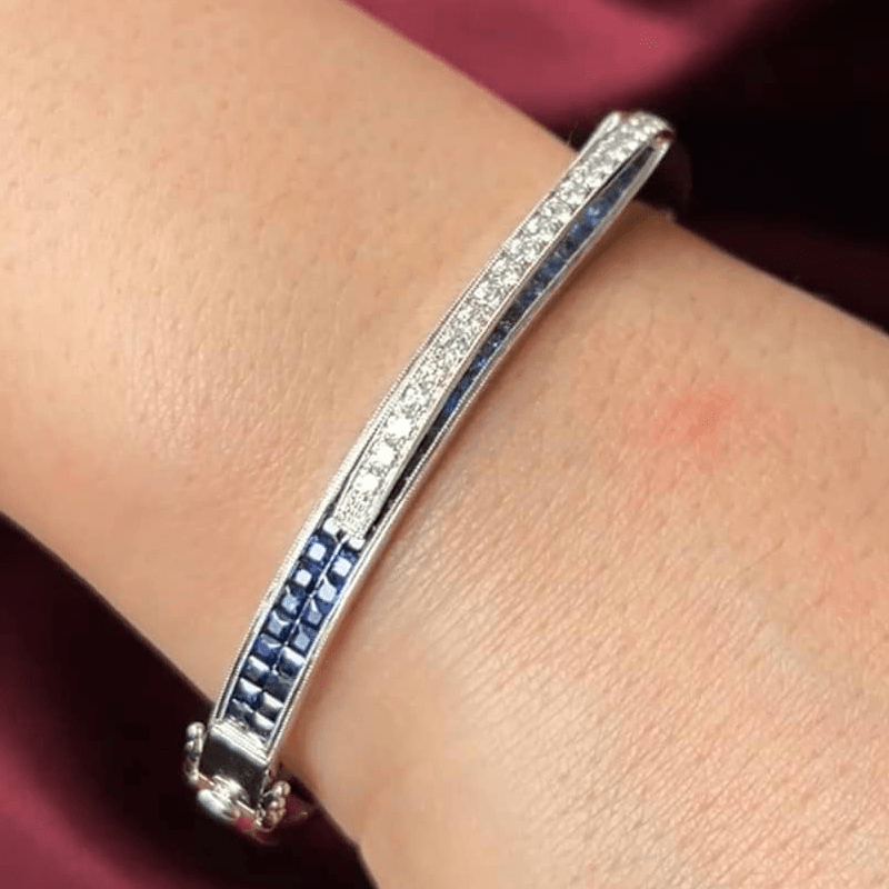 Unique Design Art Deco Round & Asscher Cut Blue & White Sapphire Bangle Bracelet For Women