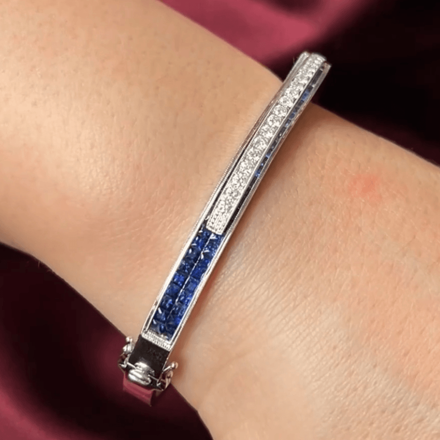 Unique Design Art Deco Round & Asscher Cut Blue & White Sapphire Bangle Bracelet For Women