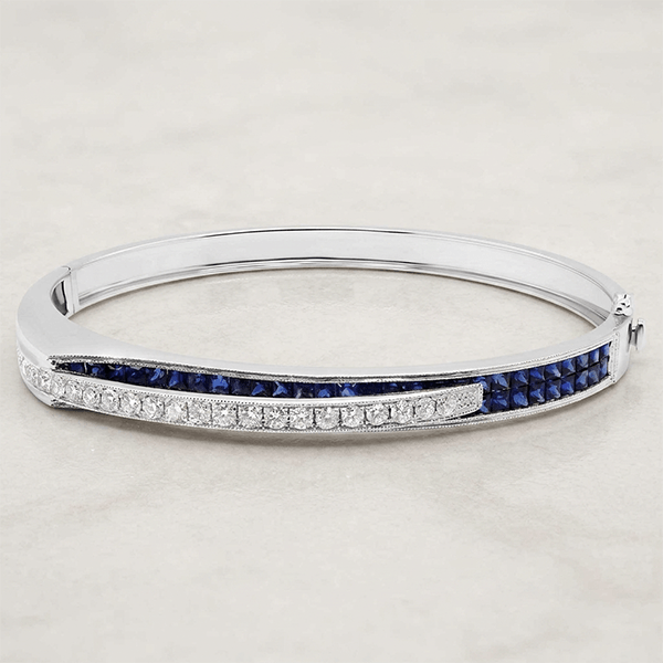 Unique Design Art Deco Round & Asscher Cut Blue & White Sapphire Bangle Bracelet For Women