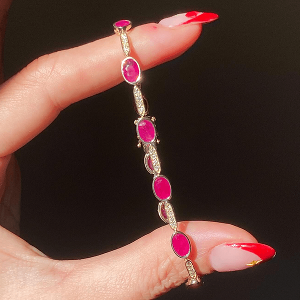 Vintage Bezel Yellow Gold Oval Cut Ruby Sapphire Tennis Bracelet For Women