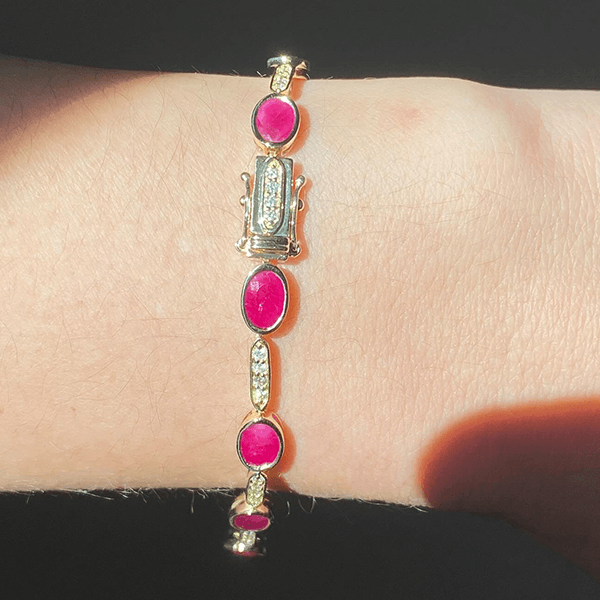 Vintage Bezel Yellow Gold Oval Cut Ruby Sapphire Tennis Bracelet For Women