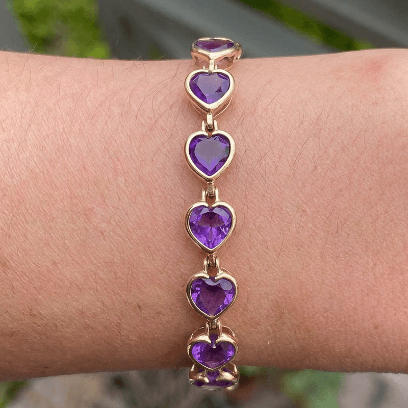 Vintage Bezel Yellow Gold Heart Cut Amethyst Sapphire Tennis Bracelet For Women