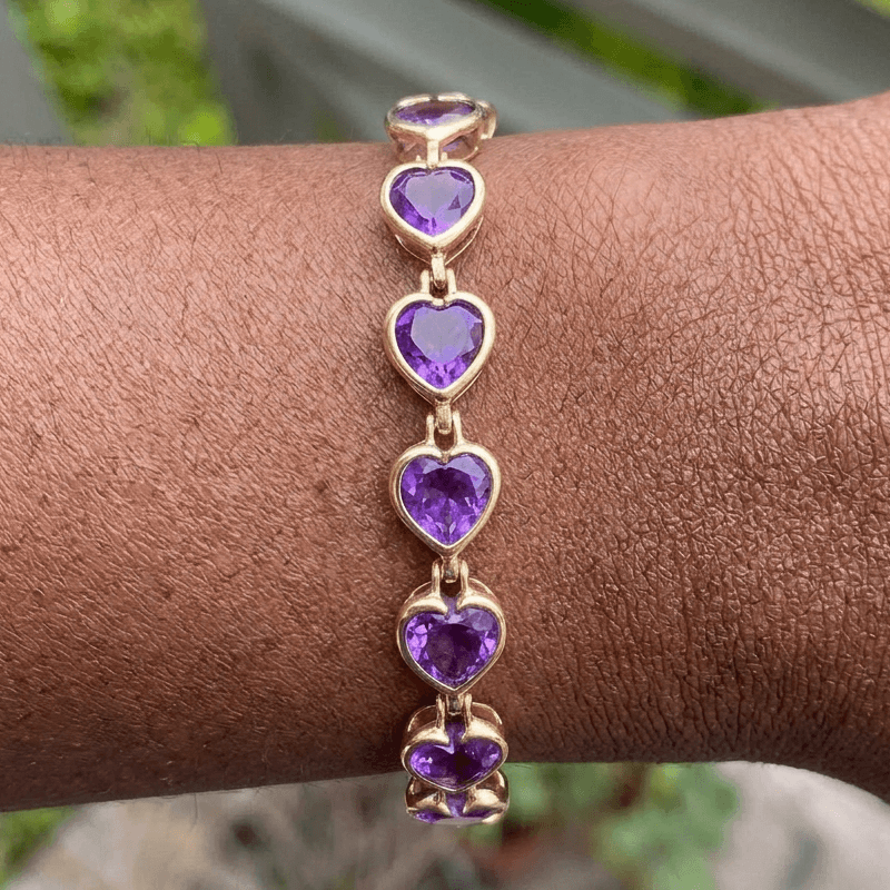 Vintage Bezel Yellow Gold Heart Cut Amethyst Sapphire Tennis Bracelet For Women