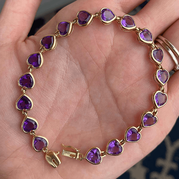 Vintage Bezel Yellow Gold Heart Cut Amethyst Sapphire Tennis Bracelet For Women