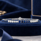 Classic Alternating Design Round Cut Blue & White Sapphire Tennis Bracelet For Women