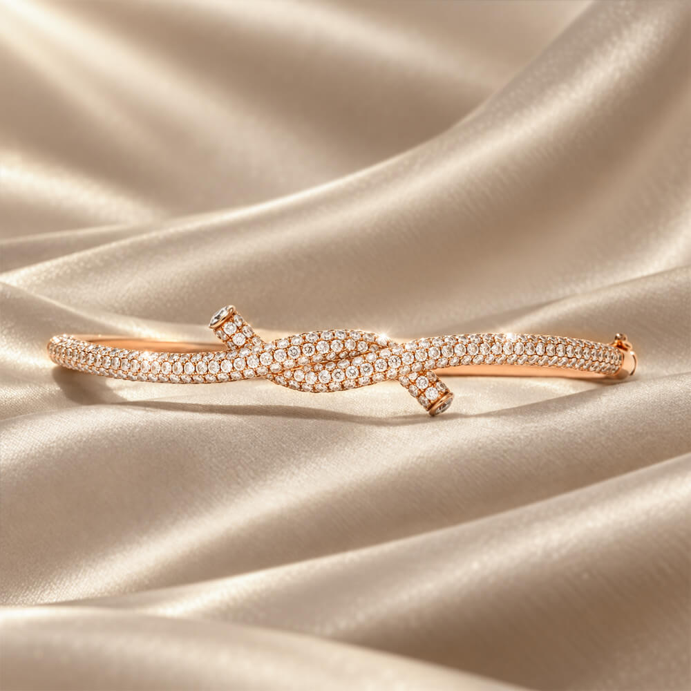 Luxury Jewelry Knot Design Pave Setting Rose Gold Round Cut White Sapphire Bangle Bracelet For Women
