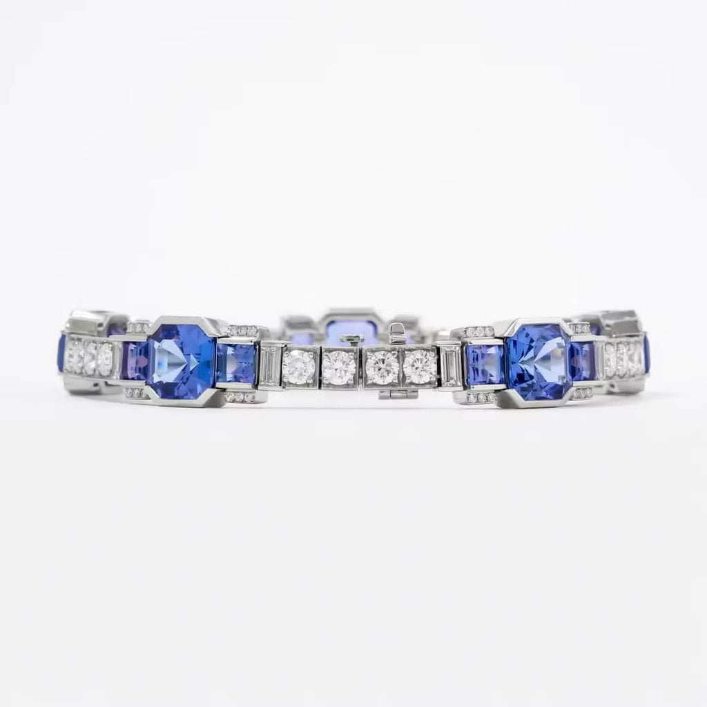 Art Deco Half Bezel Asscher Cut Blue & White Sapphire Tennis Bracelet For Women