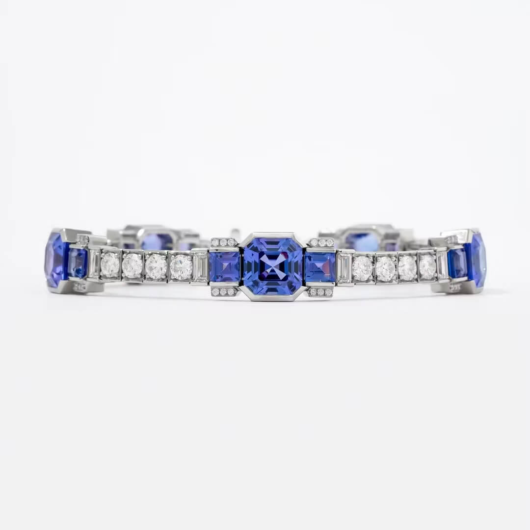 Art Deco Half Bezel Asscher Cut Blue & White Sapphire Tennis Bracelet For Women