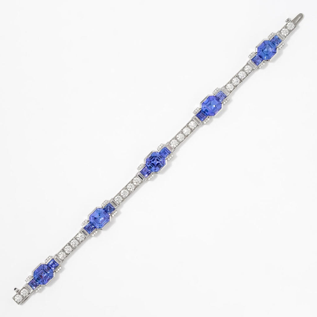 Art Deco Half Bezel Asscher Cut Blue & White Sapphire Tennis Bracelet For Women