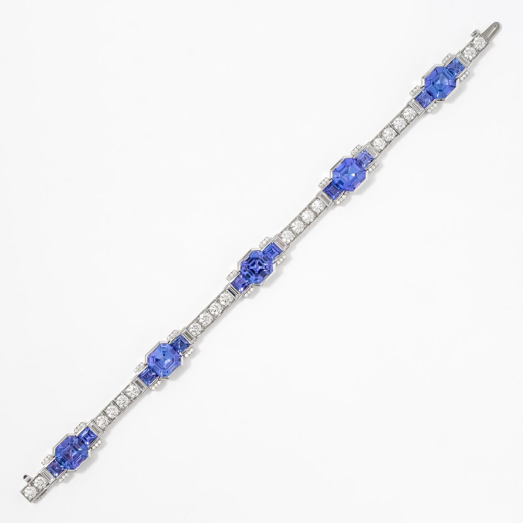 Art Deco Half Bezel Asscher Cut Blue & White Sapphire Tennis Bracelet For Women
