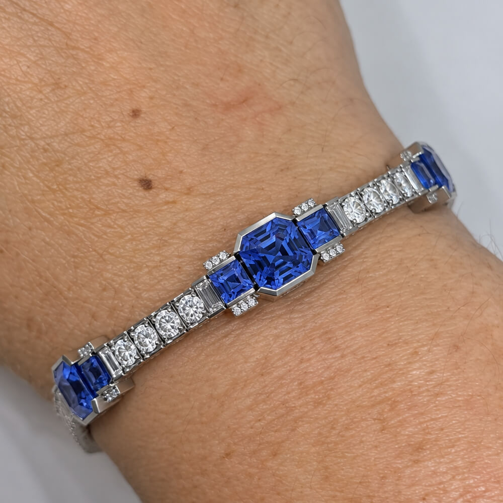 Art Deco Half Bezel Asscher Cut Blue & White Sapphire Tennis Bracelet For Women