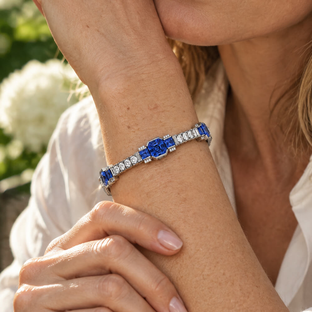 Art Deco Half Bezel Asscher Cut Blue & White Sapphire Tennis Bracelet For Women