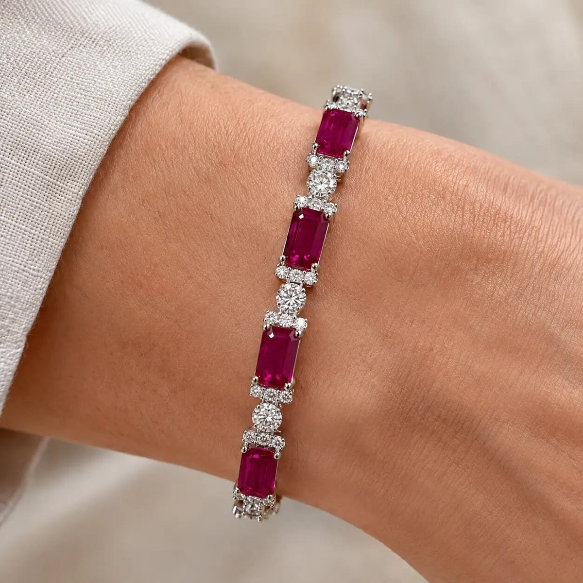 Luxury Jewelry Half Halo Emerald & Round Cut Ruby & White Sapphire Tennis Bracelet For Women