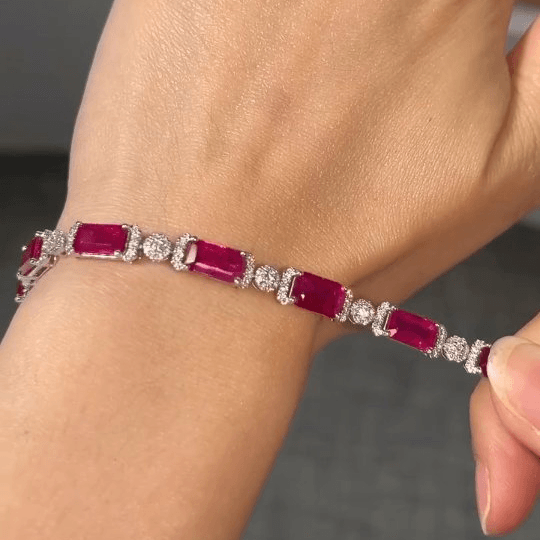 Luxury Jewelry Half Halo Emerald & Round Cut Ruby & White Sapphire Tennis Bracelet For Women
