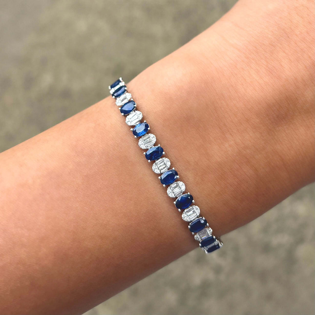 Luxury Jewelry Oval & Baguette & Round Cut Blue & White Sapphire Tennis Bracelet For Women