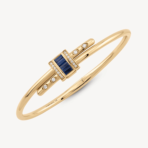 Unique Design Yellow Gold Baguette Cut Blue Sapphire Bangle Bracelet For Women
