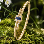 Unique Design Yellow Gold Baguette Cut Blue Sapphire Bangle Bracelet For Women