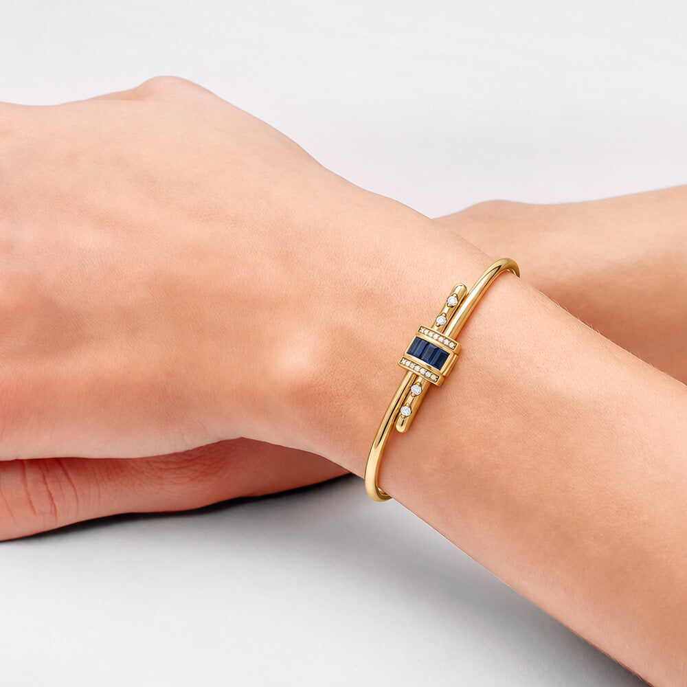Unique Design Yellow Gold Baguette Cut Blue Sapphire Bangle Bracelet For Women