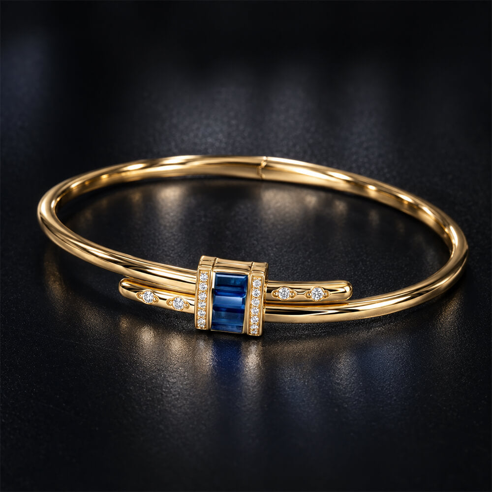 Unique Design Yellow Gold Baguette Cut Blue Sapphire Bangle Bracelet For Women