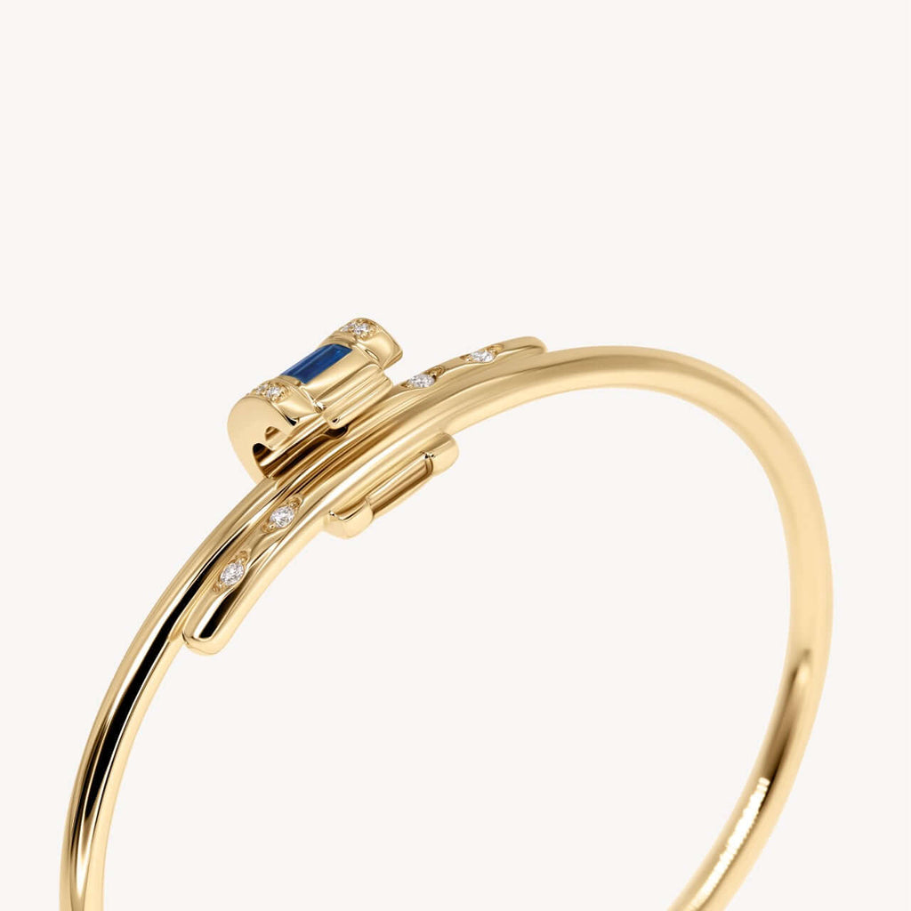 Unique Design Yellow Gold Baguette Cut Blue Sapphire Bangle Bracelet For Women