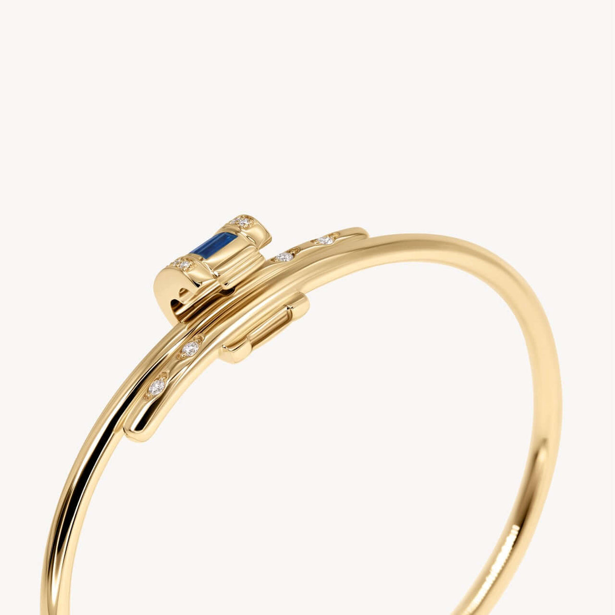 Unique Design Yellow Gold Baguette Cut Blue Sapphire Bangle Bracelet For Women
